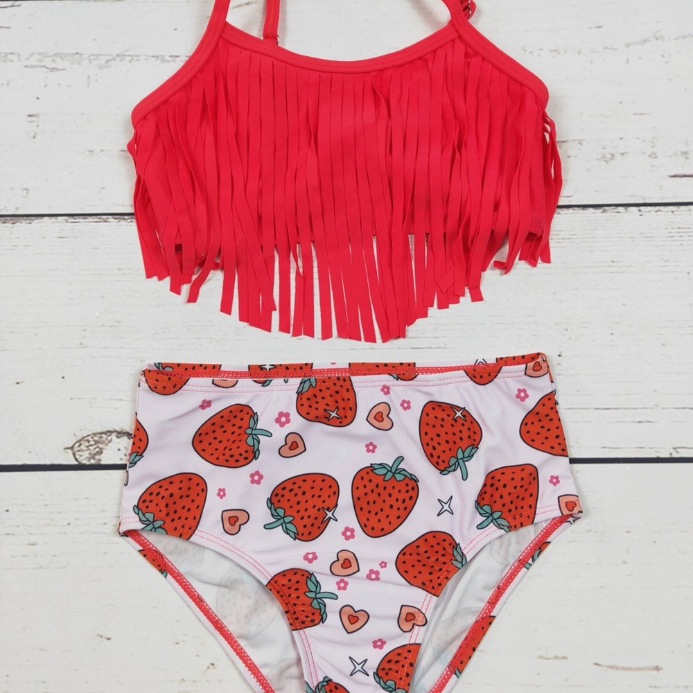 KIDS Strawberry Printed FringeTwo Piece Girls Summer Swim Set